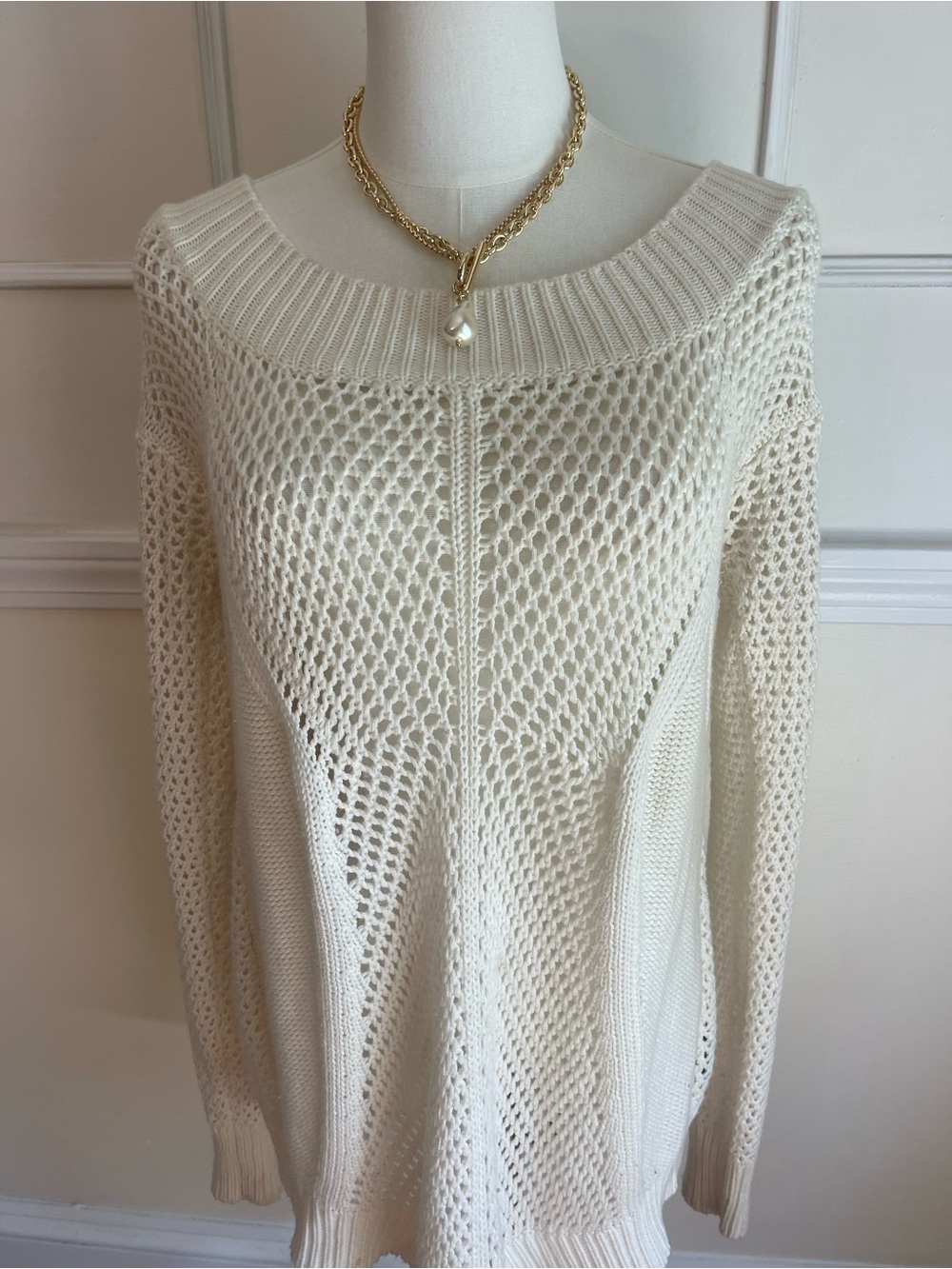 Kardashian Kollection Cream Open-Knit Scoop Neck Sweater